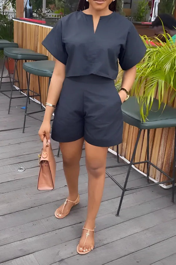 Casual Solid Patchwork V Neck Short Sleeve Two Pieces