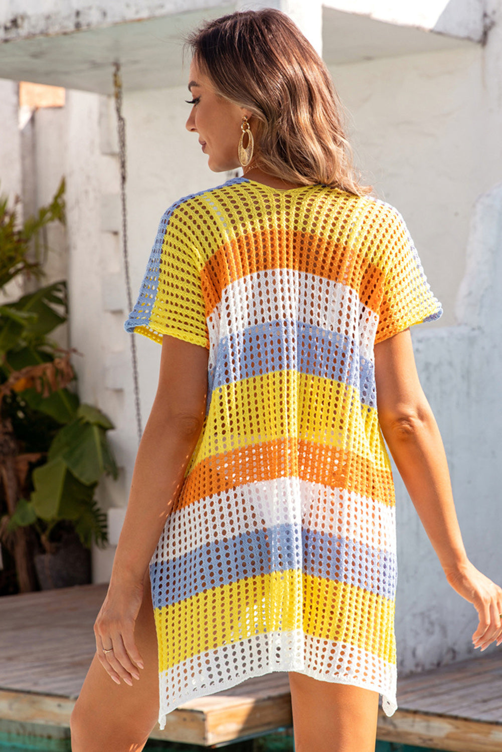 Black Striped Hollow Out Knit V Neck Tunic Cover Up