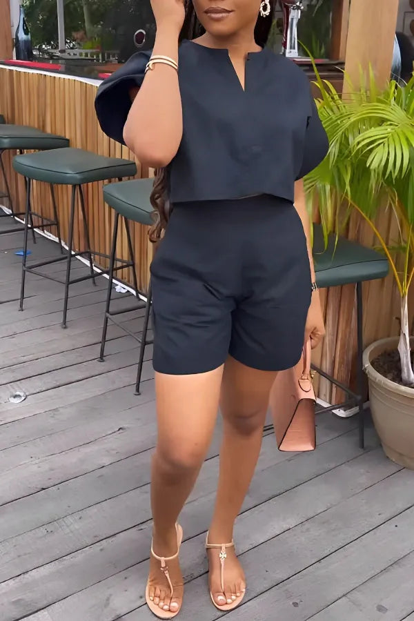 Casual Solid Patchwork V Neck Short Sleeve Two Pieces
