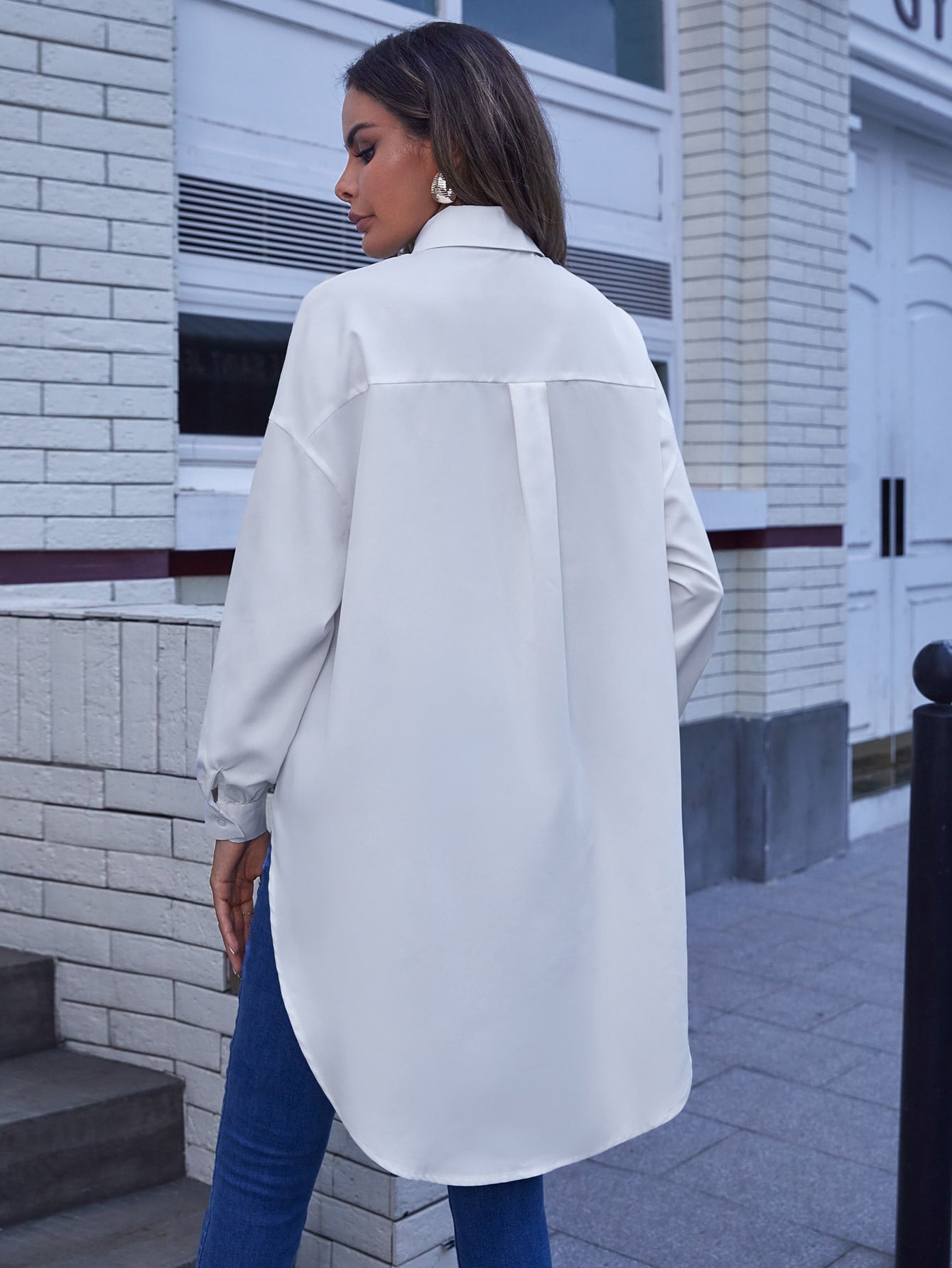 Drop Shoulder High Low Hem Shirt