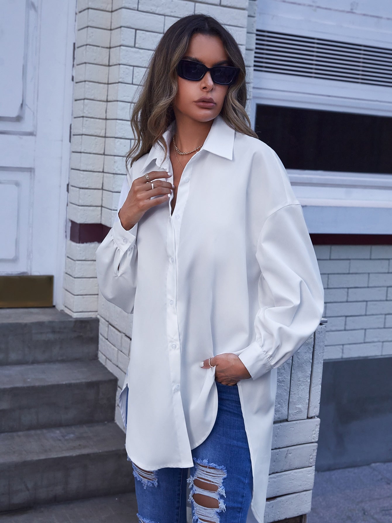Drop Shoulder High Low Hem Shirt