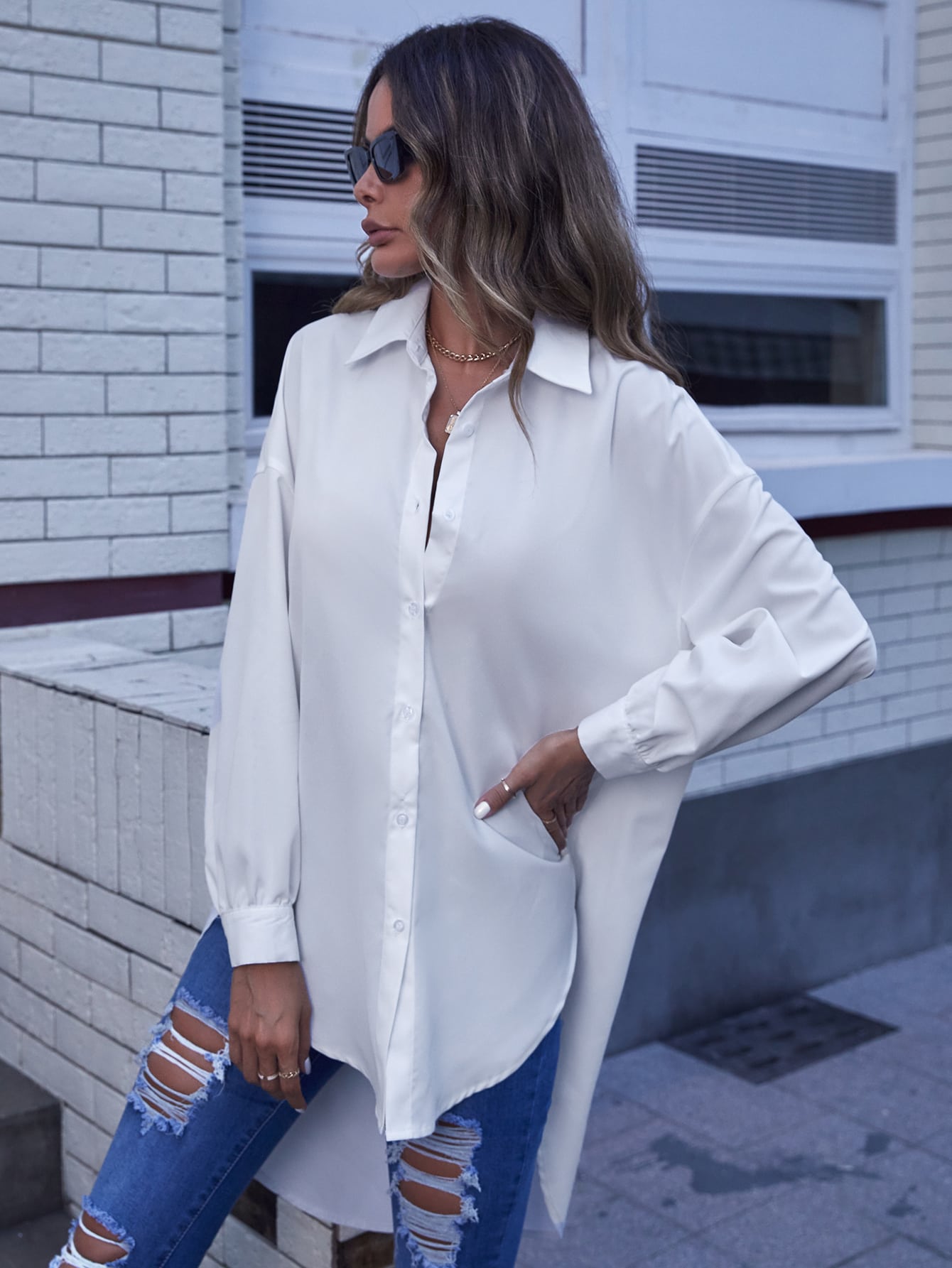 Drop Shoulder High Low Hem Shirt